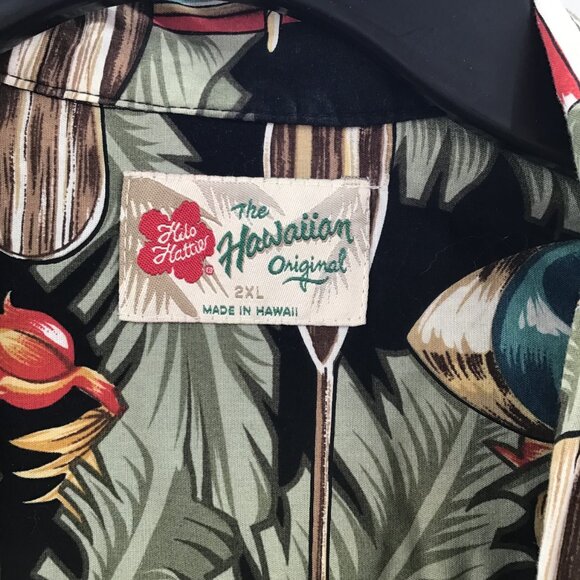 VTG Men's 2XL Hawaiian Shirt Hilo Hatties Palms Canoes Button Down Green Brown - Picture 9 of 9